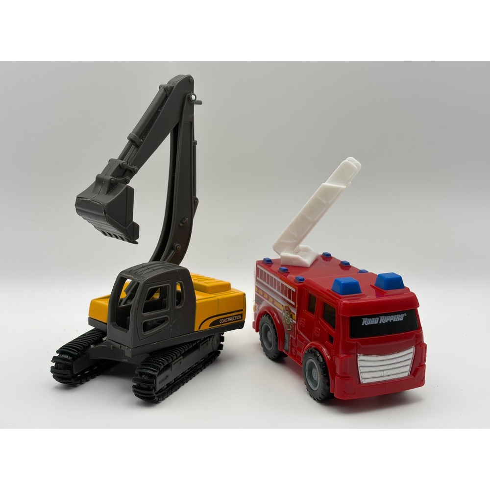 NewRay Excavator & Nikko Road Rippers Fire Truck Toy Vehicle Set Yellow Red